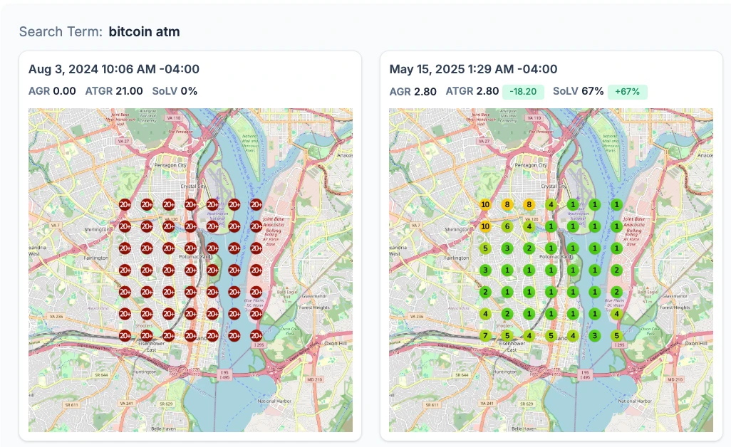 Mapa de posiciones antes y después para la búsqueda "bitcoin atm" en Washington D.C., EE. UU.
