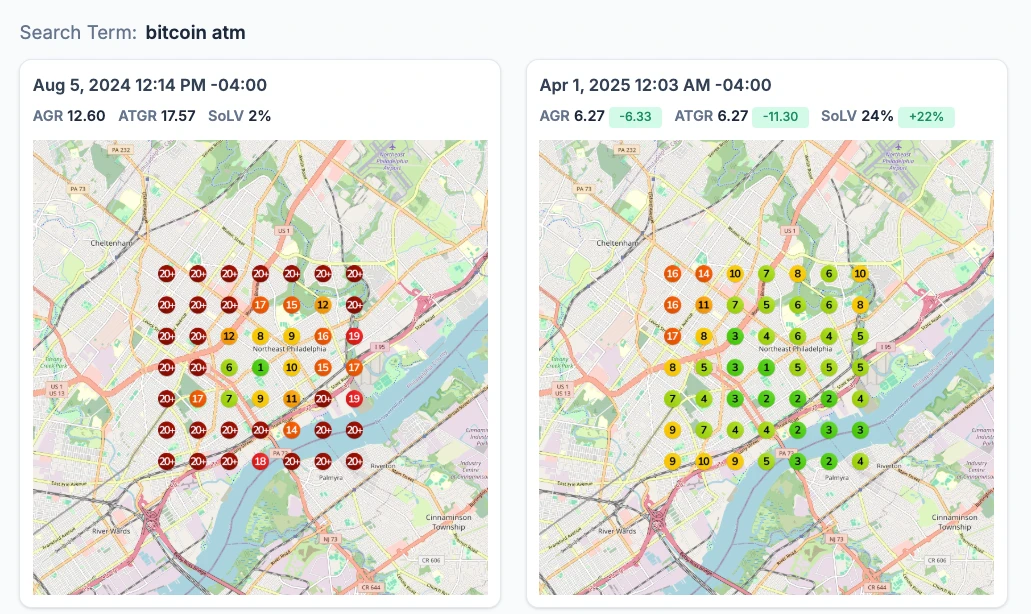Mapa de posiciones antes y después para la búsqueda "bitcoin atm" en Filadelfia, EE. UU.