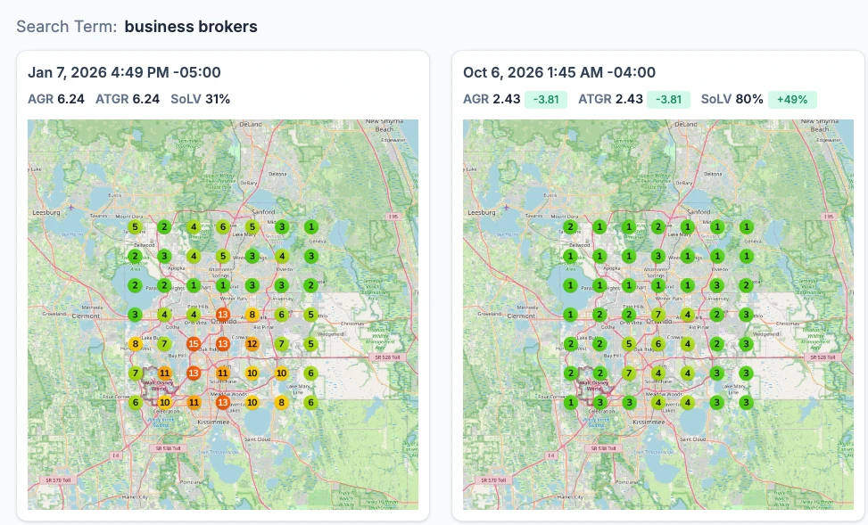 Mapa de posiciones antes y después para la búsqueda "business brokers" en Orlando, EE. UU.